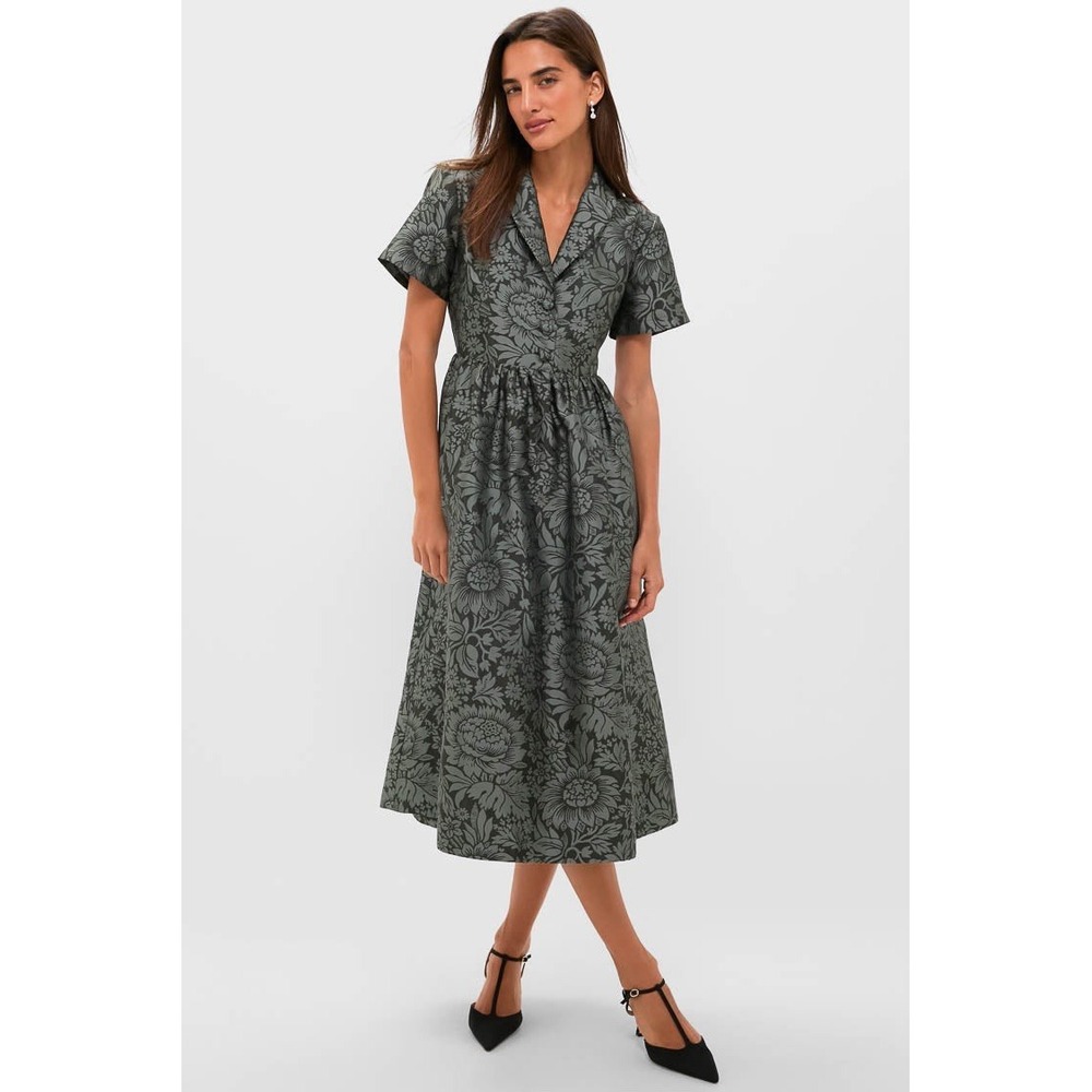 Tuckernuck Adelaide Dress Women's L Green Emerald Botanical Floral Jacquard NWT